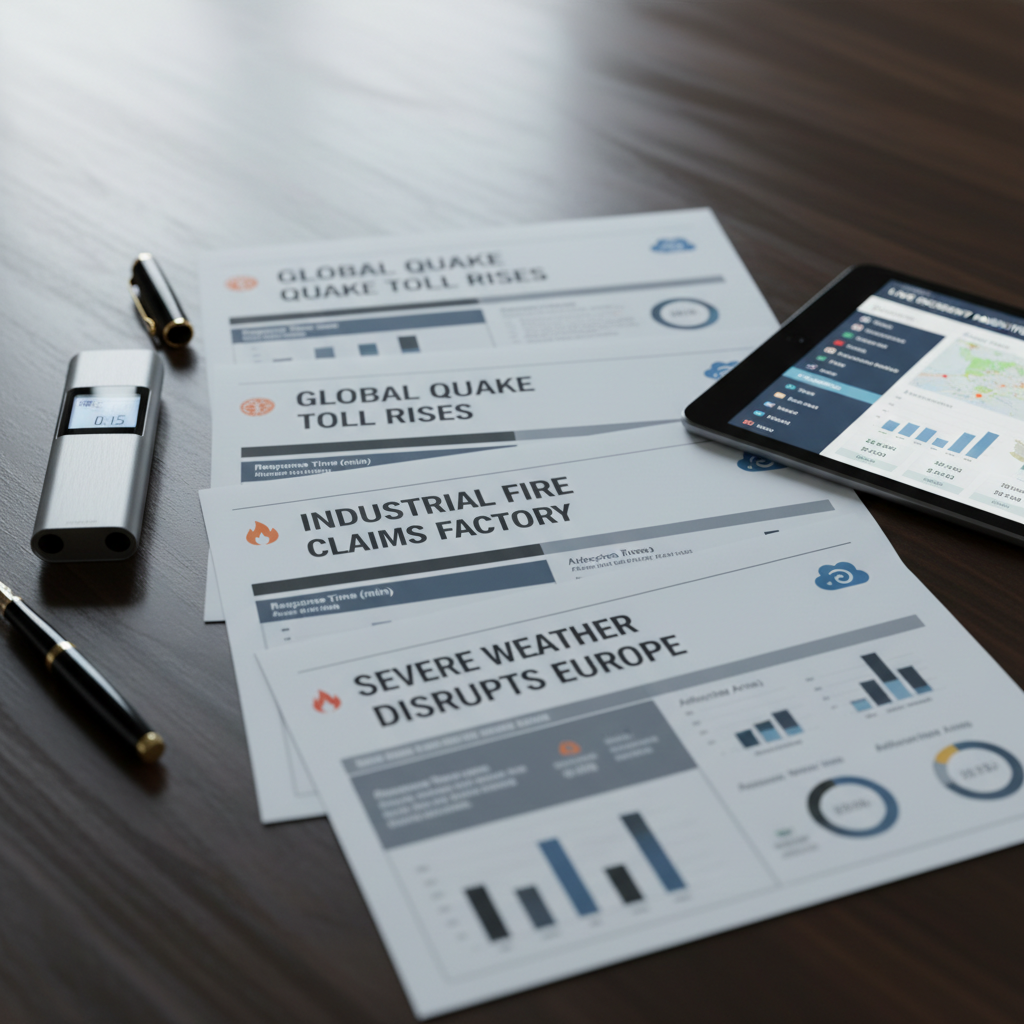 A detailed, ultra-realistic tabletop scene featuring neatly arranged printed news briefs about disasters and accidents, each page with bold black headlines, small colored incident icons, and precise infographics. A slim, brushed-metal digital voice recorder, a black fountain pen, and a tablet showing a live incident dashboard rest on a dark wood surface with a subtle grain. Cool, diffused overcast light from an unseen window creates soft shadows and gentle reflections on the glossy paper. Captured at eye level with a shallow depth of field, the primary focus is on the sharp text and tools of accurate reporting, conveying a professional, reliable, and analytical mood in a clean photographic style.